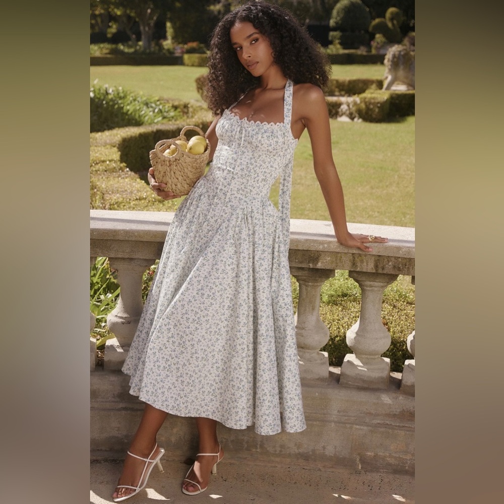 🇺🇸FIRM PRICE🇺🇸ADABELLA White Bluebell Print Cotton Halter Sundress